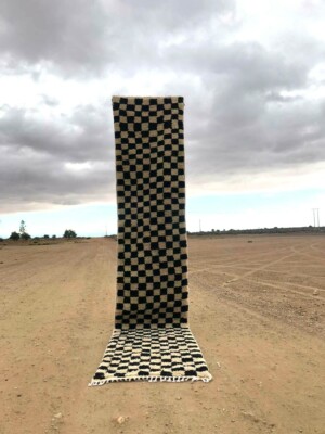Moroccan Checkered Black White Runner Soft Wool Area Rug Custom Boujaad Rug