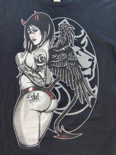 Y2K T Shirt Tattoo Girl Hot Devil Angel Graphic Top Size L Vintage Double Sided - Picture 7 of 12