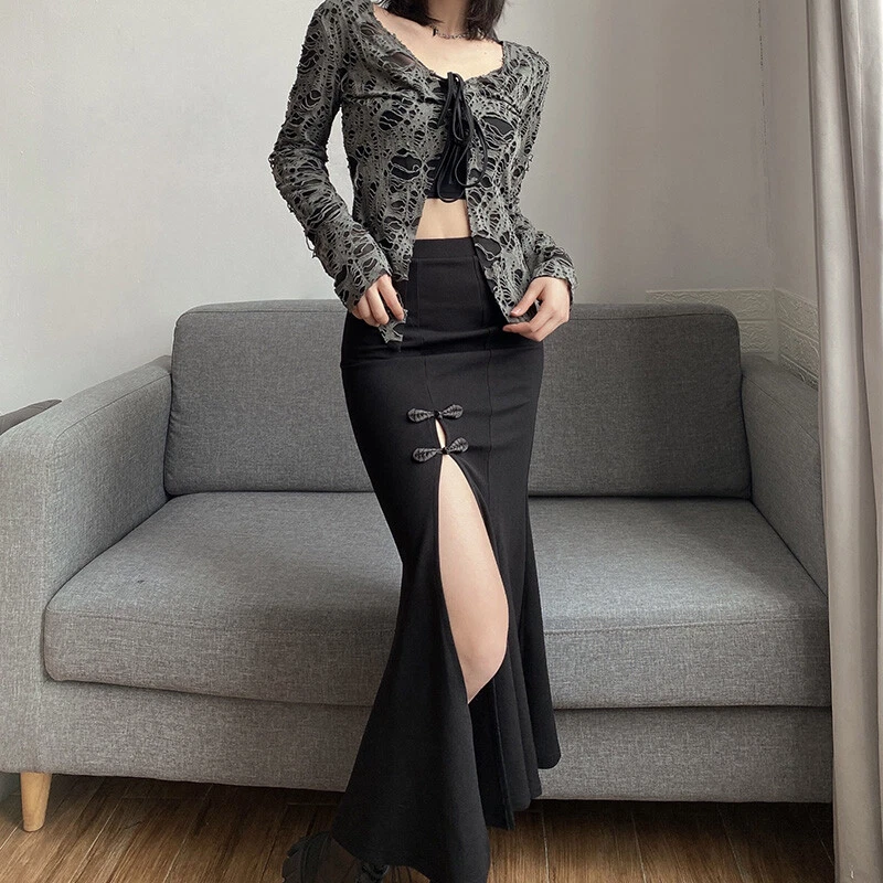 Japanese women Harajuku retro high waist Buckle skirt Gothic dress