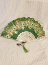 Floral Printed Folding Fans with Glitter Accents 17" Green  White 