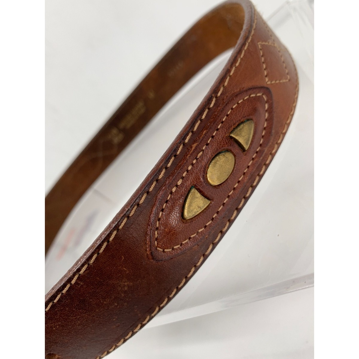 Vintage 90s Saffron Made in Italy Brown Genuine Leather Stone Buckle Belt M Vintage 90s Stamped Italian Leather Belt: Brown With Gold  main image 2
