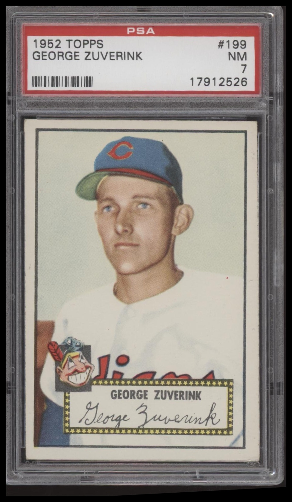 1952 TOPPS GEORGE ZUVERINK 199 NRMT RC PSA 7 BASEBALL CLEVELAND INDIANS