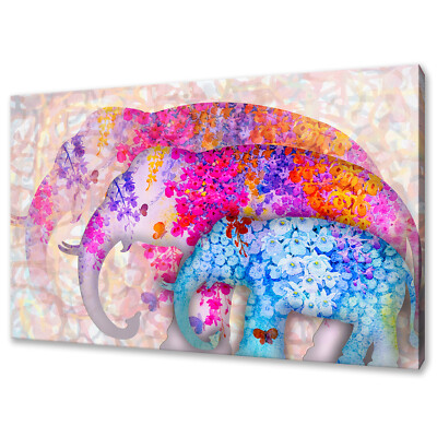 Colourful Abstract Floral Asian Elephants Modern Design Canvas Print Wall Art