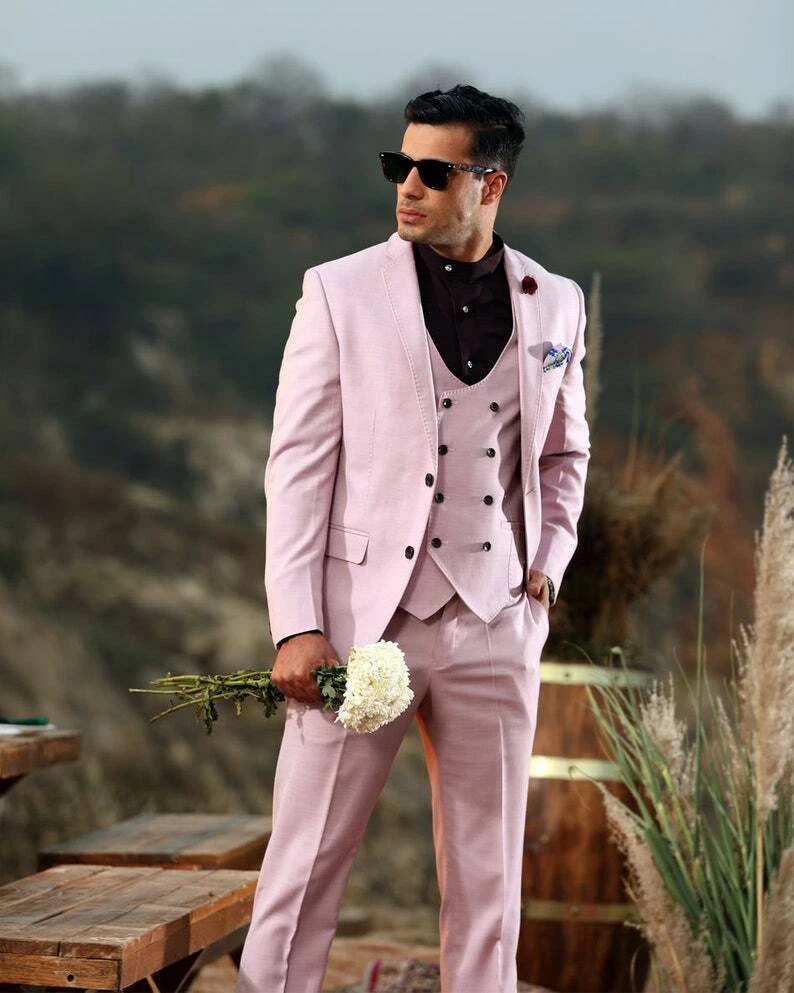 Formal Pink Mens Suits For Wedding Tuxedos Custom Made Slim Fit 3 Pieces  Prom Male Groomsman Jacket With Pant Vestsuits Color Blue size M EU48