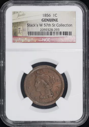 1856 Upright 5 Braided Head Large Cent NGC Genuine Stack's W 57th St Collection