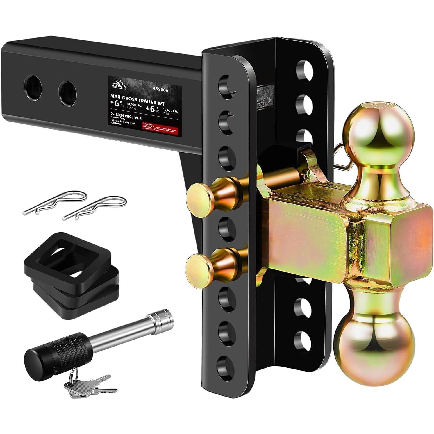 Adjustable Trailer Hitch Fits 2.0-Inch Receiver 2" & 2-5/16" Ball Drop Hitches