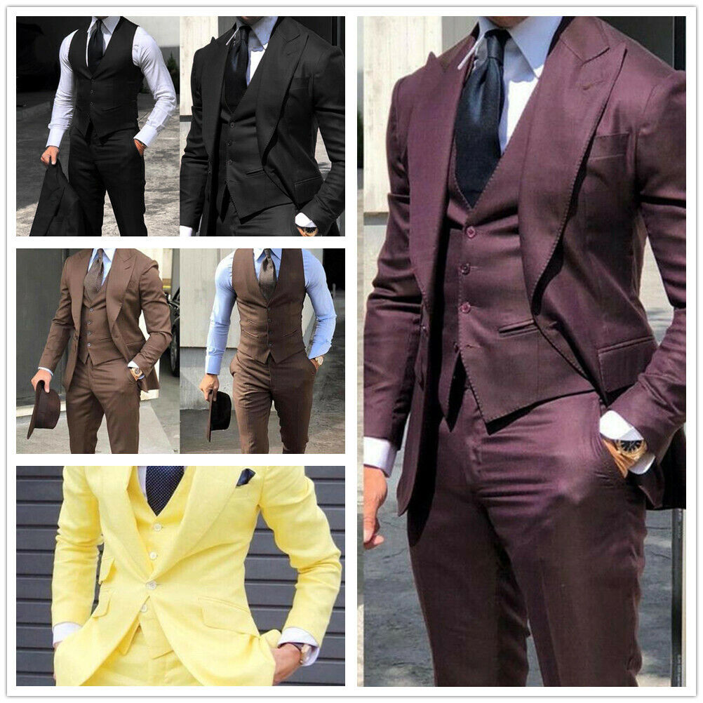 3 Piece Men Suits Slim Fit Blazer Wide Peak Lapel Jackets Wedding ...