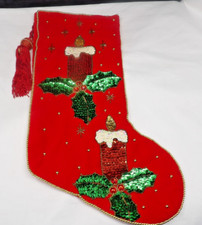 Vintage Felt Holly  Candle Design Sequin Christmas Stockings 18" Tall