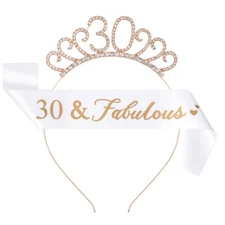 Rose Gold 30th Birthday Sash and Birthday Tiara Rhinestone Crown Headband for 30