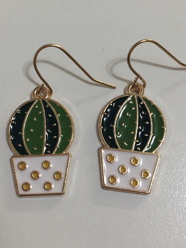 Cactus Plant Slider Pendant Golden Necklace Earrings Set Woman’s Girls - Picture 3 of 11