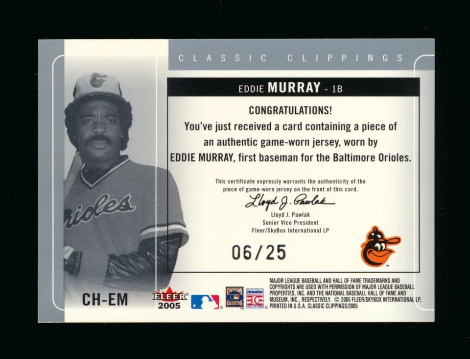 Camiseta deportiva Fleer Classic Clipings 2005 Eddie Murray Orioles parche #D 25/06 *1294 Foto 2 de 2
