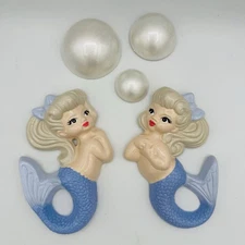 Mermaids Chalkware Kitsch Kitschy Wall Hanging Plaques Set of 2 VTG Style Blue