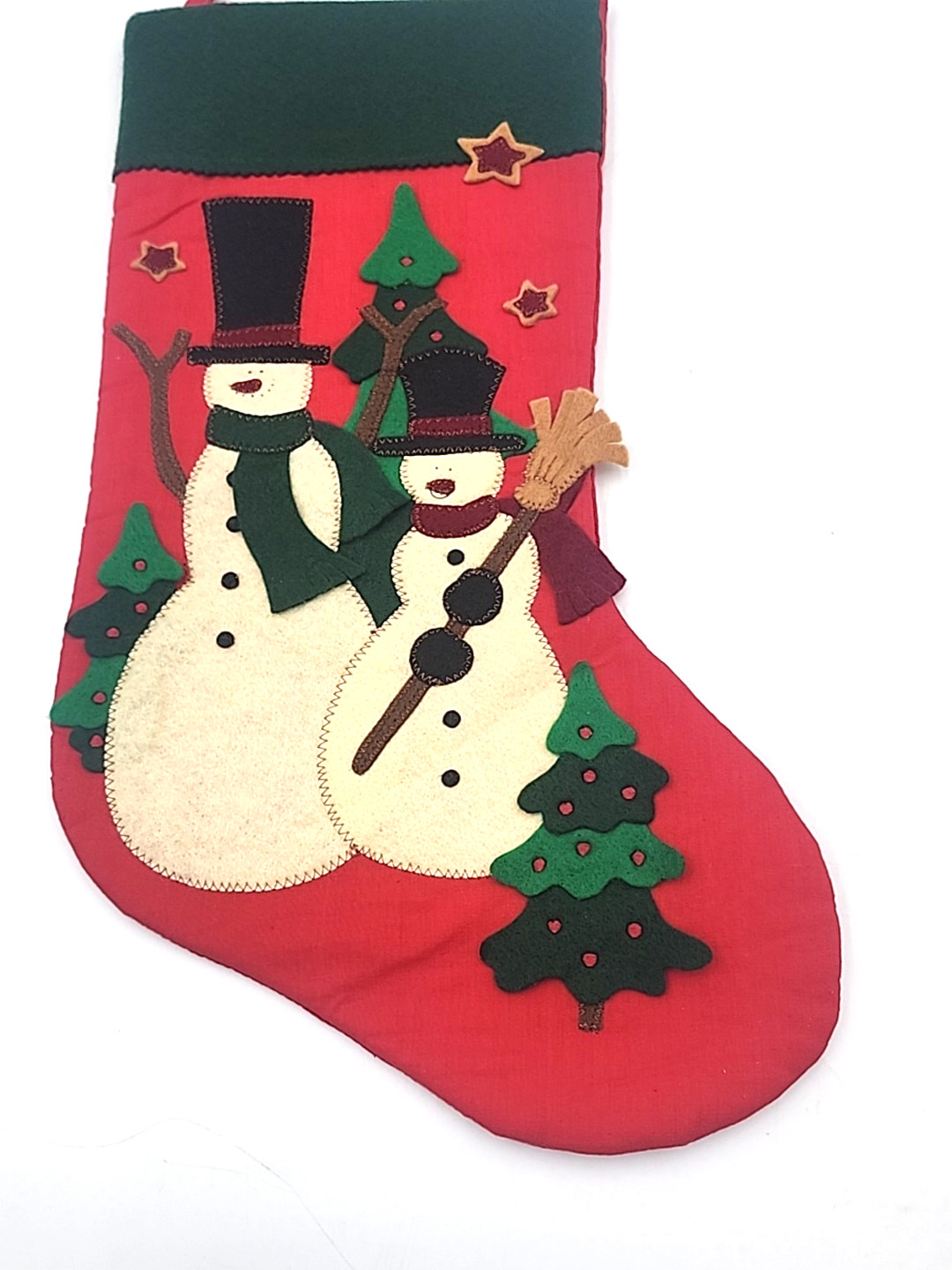 2 Felt Applique Christmas Stockings Santa W Reindeer & Snowman Primitive Style