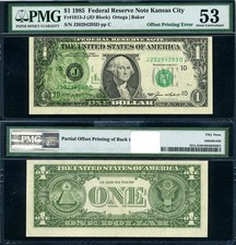 FR. 1913 J $1 1985 Federal Reserve Note ERROR Partial Offset Printing PMG AU53