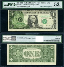 FR. 1913 J $1 1985 Federal Reserve Note ERROR Partial Offset Printing PMG AU53