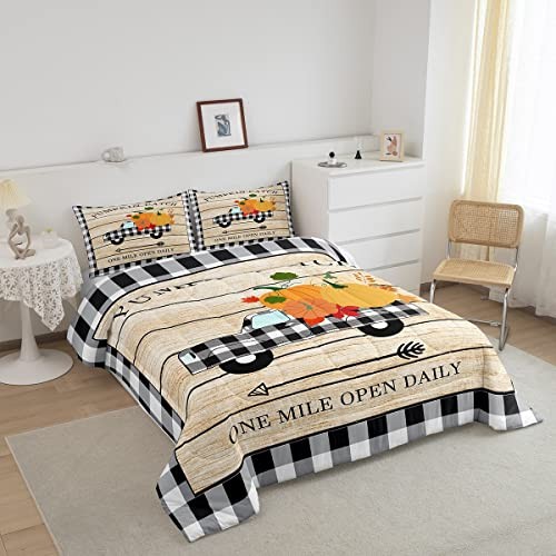 Geometric Plaid Truck Comforter Set Size,Rustic Farmhouse Bedding Twin Fall 01 - Picture 2 of 6