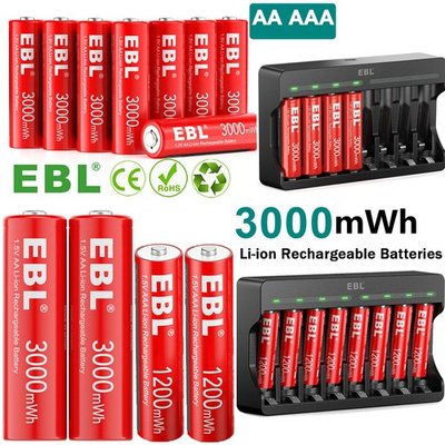 #ad EBL AA AAA Rechargeable Lithium Li ion Batteries 1.5V Optional 1.5V Charger Lot $65.59