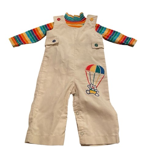 Vintage 1980s Carters 2 Pc Set Balloon W/ Bear Overalls Rainbow Shirt 12 months