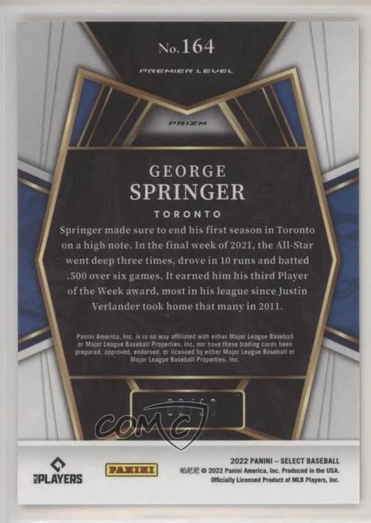 2022 Panini Select Premier Level Gold Disco Prizm /10 George Springer #164 - Image 2 of 2