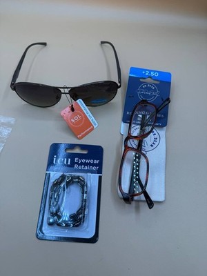 Lot Of 3 ICU Eyewear Retainer/SOL Sunglasses/Dr. Dean Reading Glasses +2.50 NEW