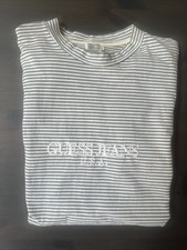 Vintage 90s Men's Guess Blue White Striped Long Sleeve Shirt