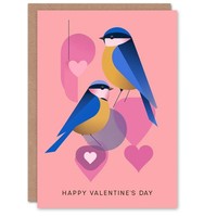 Modern Abstract Blue Tit Birds And Love Hearts Valentine's Day Card