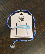 Beaded Hair Clip Blue Glass Beads with silver tone Butterfly Charm Hippie Beads