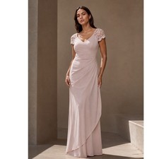 NEW XSCAPE Rose Lace Cap Sleeve Ruched CHIFFON Evening Gown MAXI Dress WOMEN 6