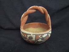 Early Isleta Pottery Basket w Braided Handle, 5" x 4", Unsigned