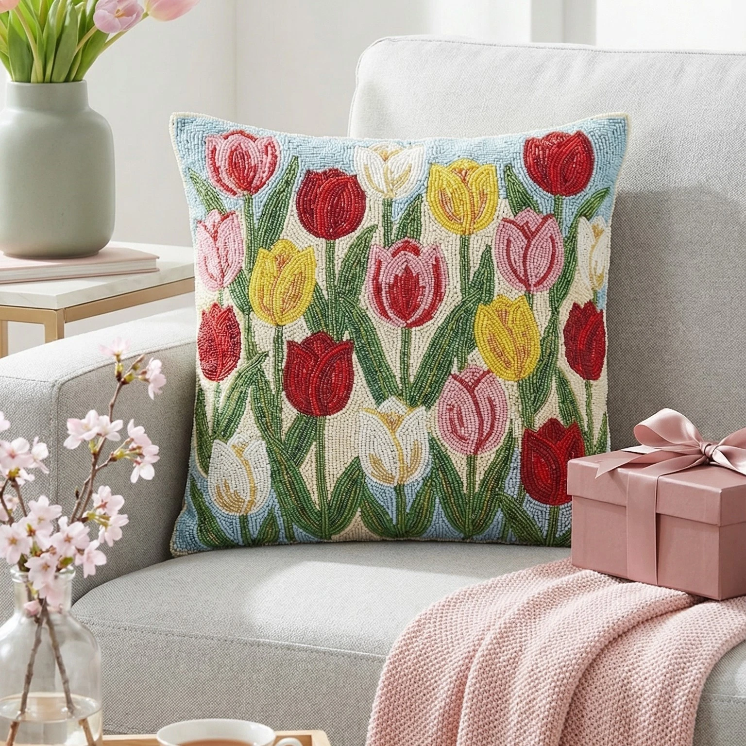 Handmade Beaded Tulip Floral Throw Pillow Cover Spring Flower Cushion 16x16