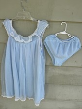 Vtg 60  s Light Blue Nylon Baby Doll Nightie Panties White Lace Trim Sz M Sabrina