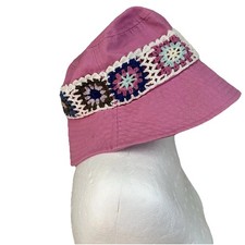 Pastel Pink Granny Square Crochet Bucket Hat Summmer Beach Lake Garden Party