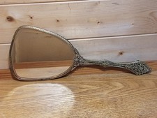 An Old Art Deco Long handle Brass EmbroideredOrnate Vanity Tray Mirror