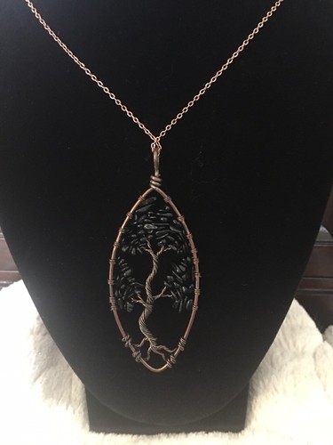 Black Tourmaline Tree of Life Reiki Chakra Healing Chips Copper Oval Pendant - Picture 4 of 4