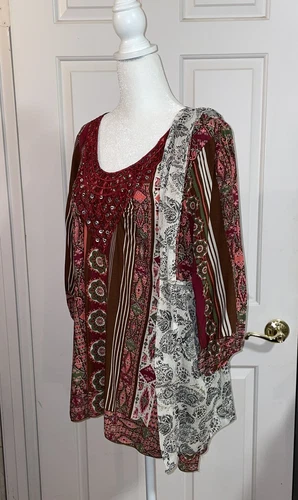 Free People Boho Shoulder Bag Purse Tote Linen Blend White Black Paisley