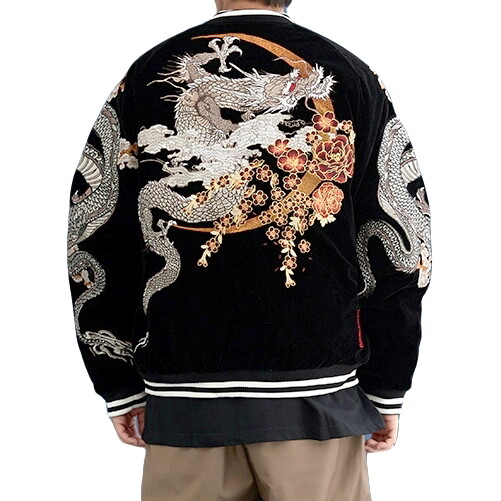 Mens Velvet Souvenir Jacket Japanese Pattern Embroidery