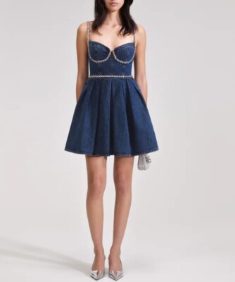 Self-Portrait Rhinestone Slip Dress Backless Denim Mini Dress for Ladies |  eBay