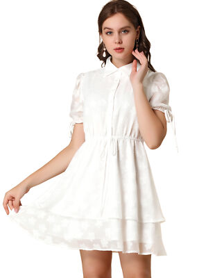 Allegra K Women's Peter Pan Collar Floral Drawstring Chiffon Layered Dress Pink Small
