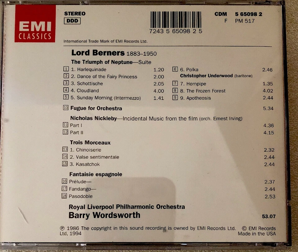 Lord Gerald Hugh Tyrwhit Berners: Triumph of Neptune Suite; Nicholas (CD, 1986) Foto 2 de 3
