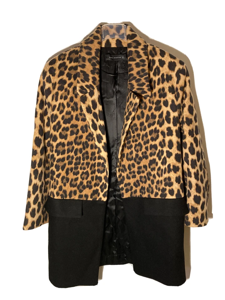Zara Womens Size S Leopard Print/Black Color Block Wool Coat-Open Drape Jacket - Image 2 of 4