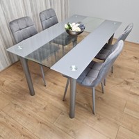 Grey Clear Glass Dining Table and 4 Grey Tufted Velvet Chairs Furniture Set