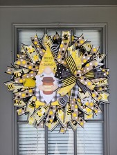 Bee Wreath With Gnome, Summer Wreath With Gnome, Black And Yellow Wreath For...