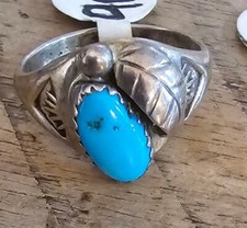 Vintage Native American Sterling Silver Turquoise Feather Ring Navajo Sz 8