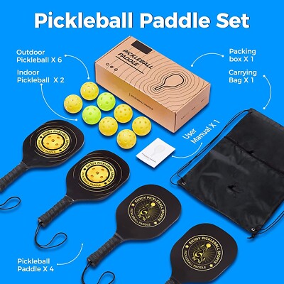 Set Racchette Pickleball AFKAI – 4 Paddles In Legno E Polimero, 4 Palline E Borsa Portatile, Per Principianti E Famiglie