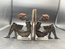 Vintage Reading Girls MCM Green Patina Metal Bookends Modern Art