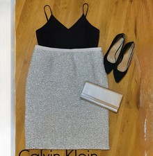 Calvin Klein Silver Sequin Skirt Women  s Size 16 Lined Evening Holiday Cocktail