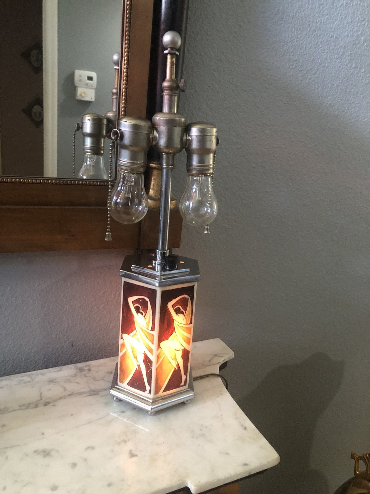 Antique 1920s Art Deco chrome and acid etched dancing nymph flapper lady lamp