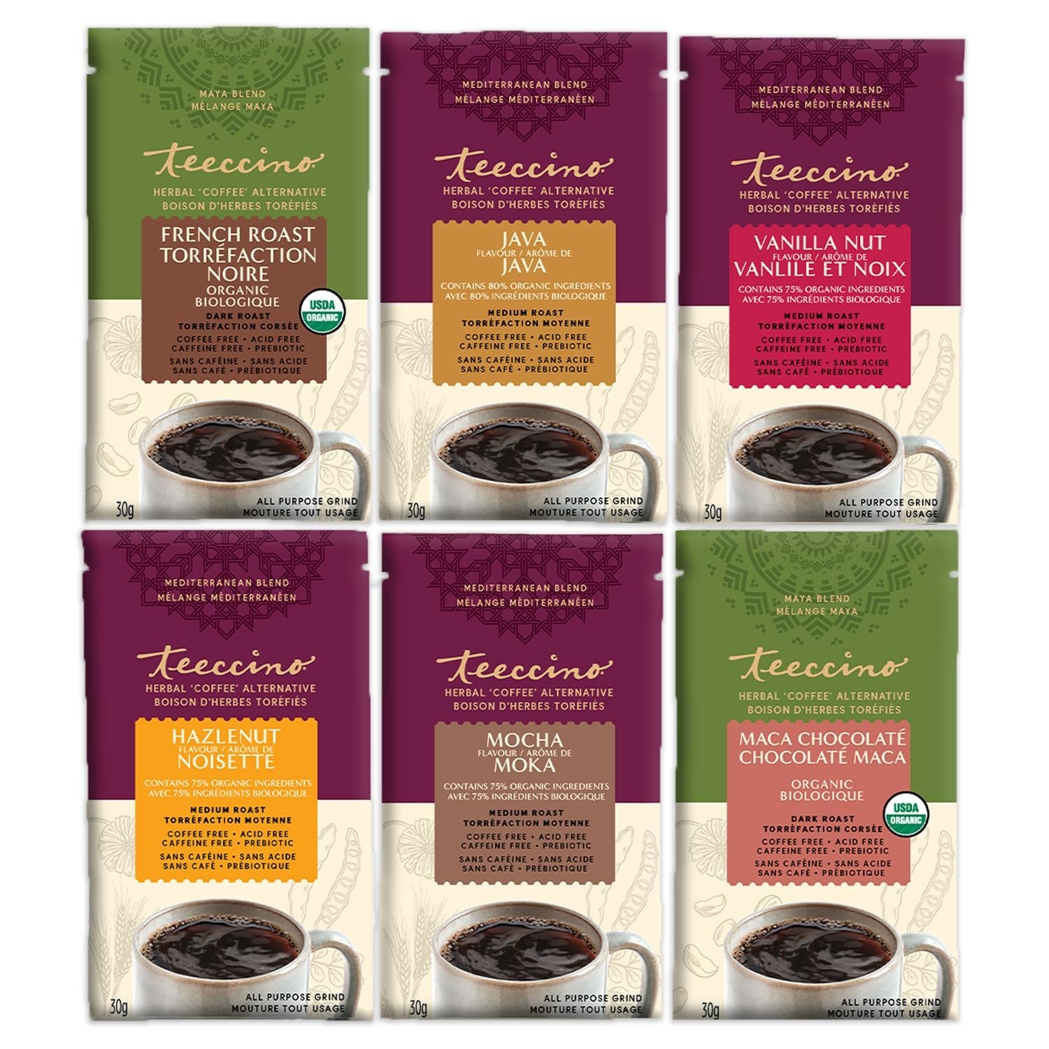 Teeccino Herbal Coffee Sampler - 6 x 30g Trial Size Chicory 