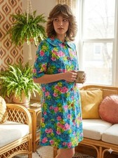 Vintage 1970s Granny Chic Floral Midi Dress Boho Button Up House Coat Small