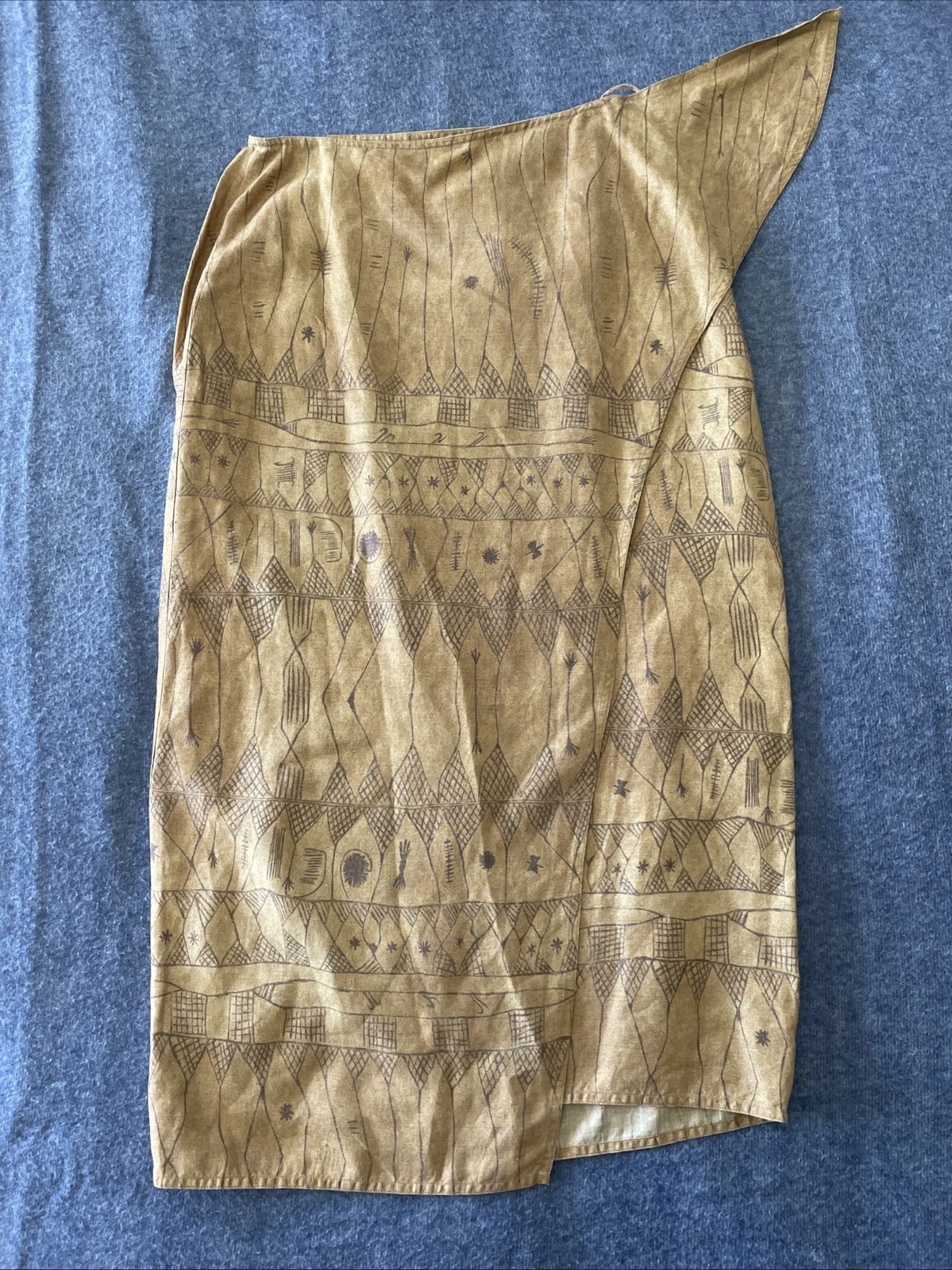 VINTAGE Ralph Lauren Skirt Womens 12 Linen Tan Aztec Midi Wrap Native Cave Art